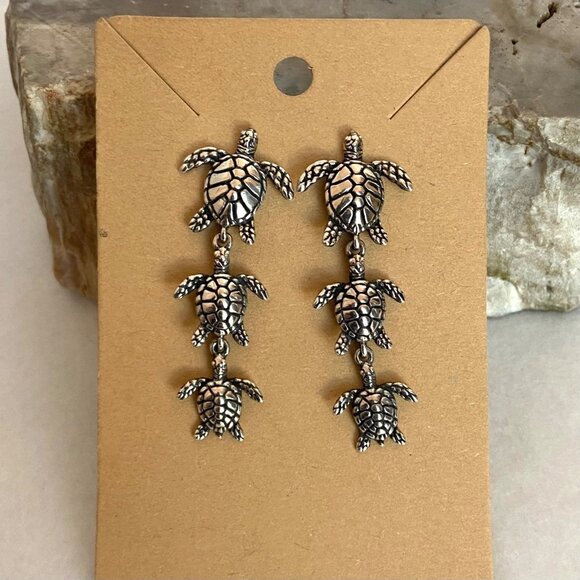 VTG Kabana Sterling Silver 925 Dimensional Sea Turtle Trio Dangle Drop Earrings - Picture 8 of 16